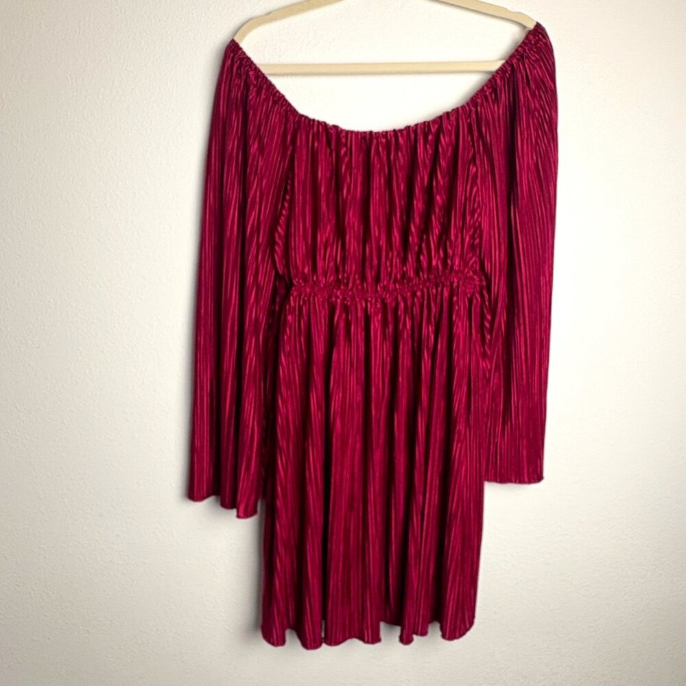 Inspired Hearts Burgundy Off-The-Shoulder Pleated‎ Dress 1X Empire Flare Sleeve